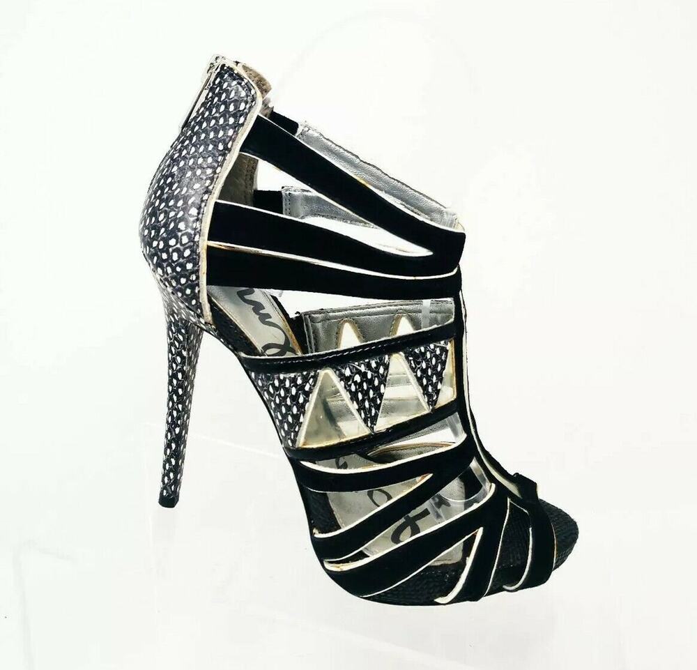 Sam Edelman Jazz Strappy Embossed Snake Heels 6M Black White Clear Triangle Cut